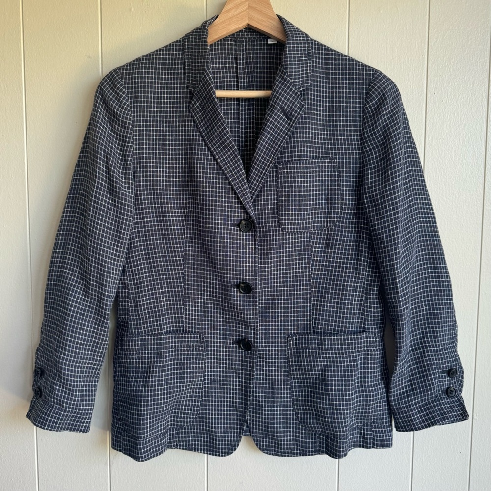 Uniqlo Inès de la Fressange Navy & White Windowpane Linen Jacket XS Preppy Work